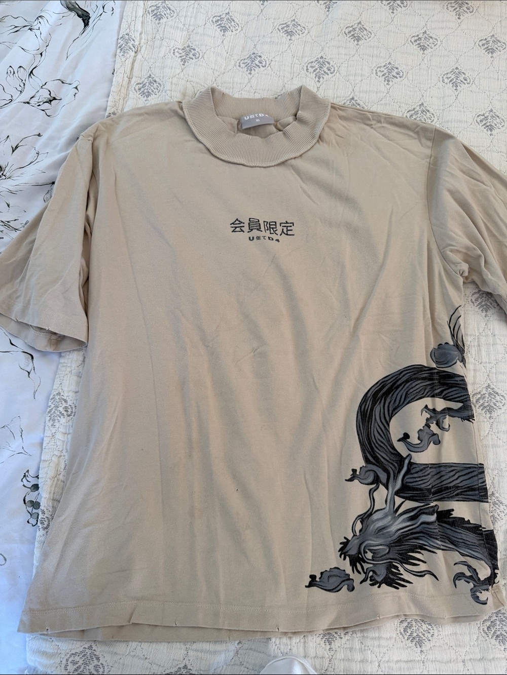 Men's Beige Graphic Dragon Short Sleeve Tee by